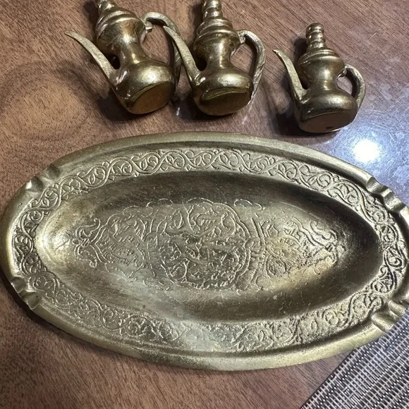 Vintage Solid Brass Miniature Tea Pot Set with Tray, Home Decor, Brass Decor - Picture 4 of 6
